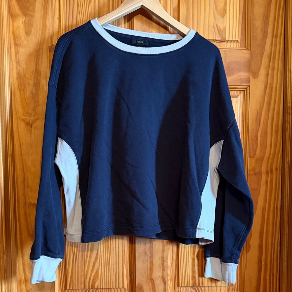 J.Crew University cotton cropped sweatshirt in navy with white trim